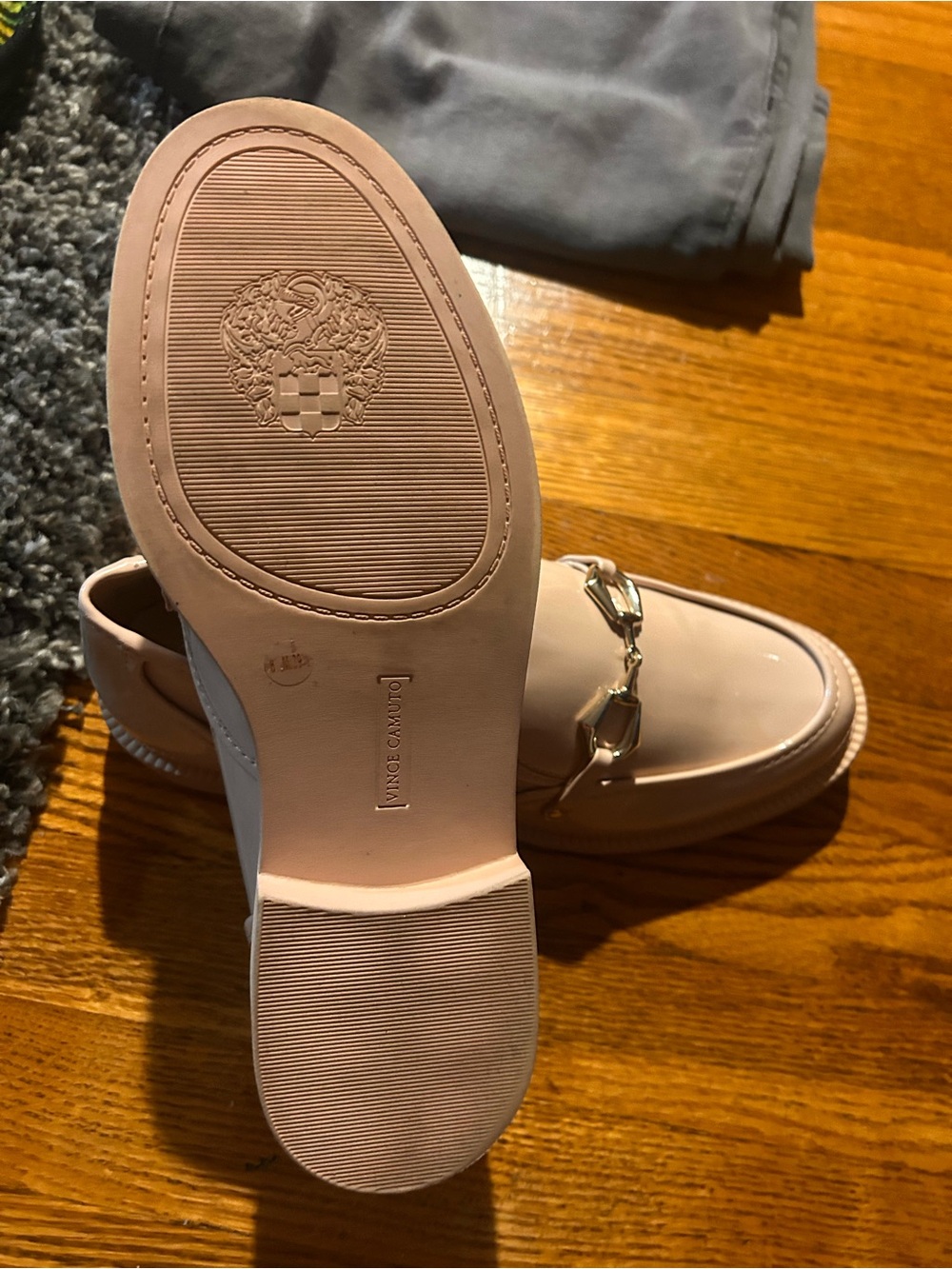Vince Camuto Blush Patent Loafers with Gold Chain Detail